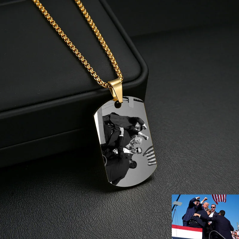 Custom FIGHT Donald Trump's Iconic Moment Photo Stainless Steel Square Pendant Necklace Letter Picture Necklaces Jewelry Gift