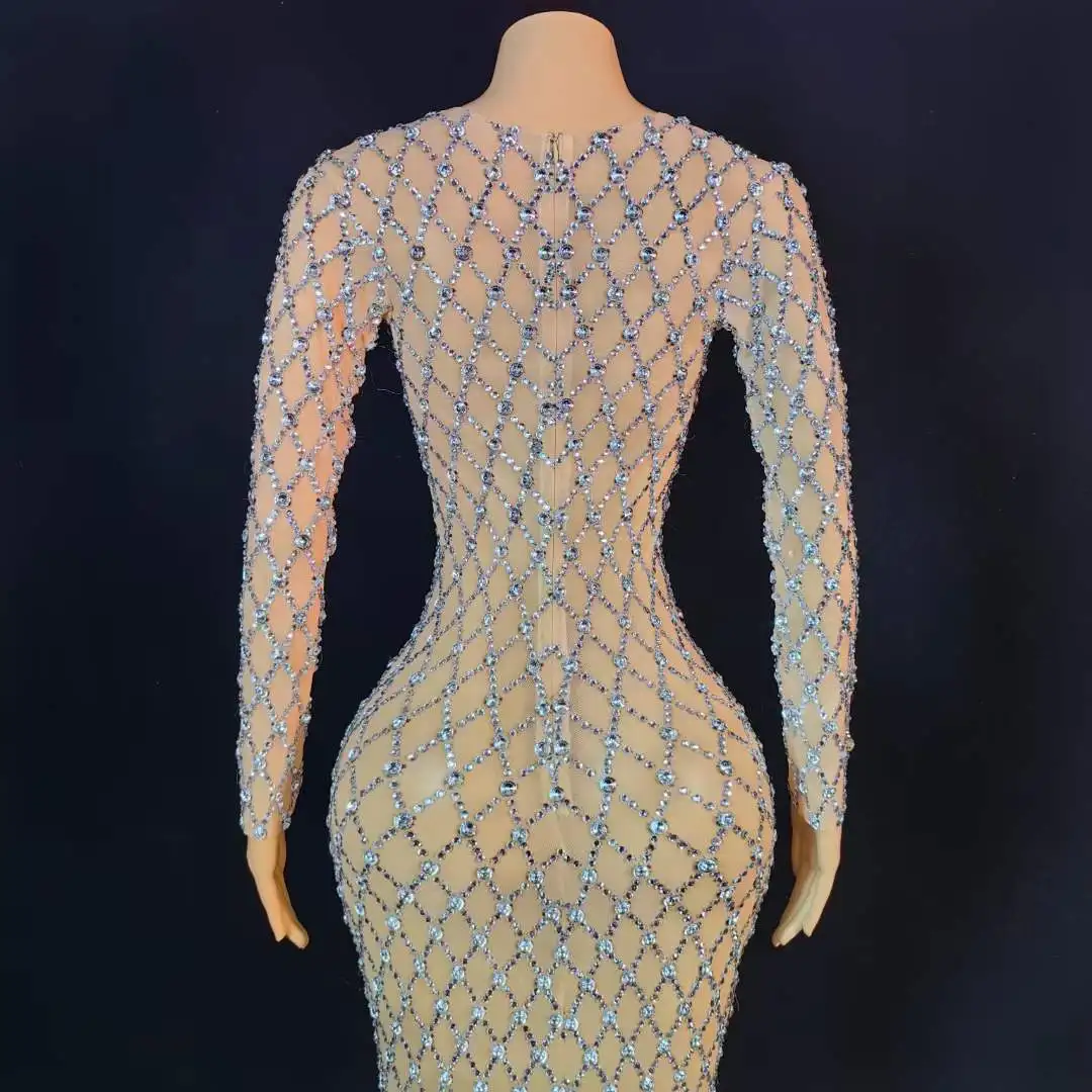 فستان نسائي طويل فاخر من حجر الراين الكريستالي لحفلات أعياد الميلاد والسهرات فستان طويل لأداء المغني الزي سحب الملكة