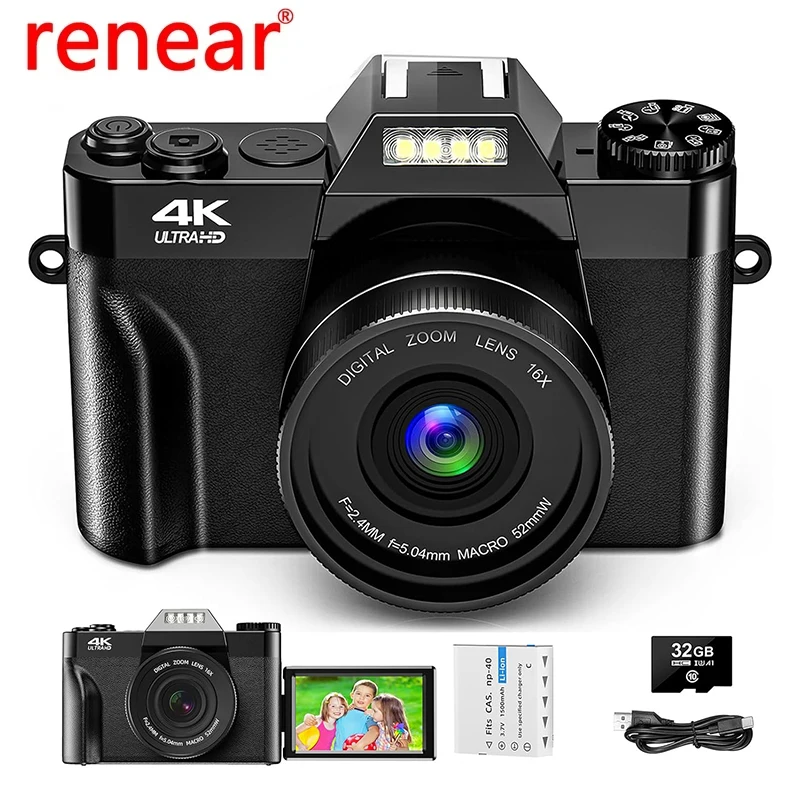 

Digital Camera 48MP 4K Camera with 180° Flip 3.0" Screen 16X Autofocus Compact Camera for Kids Adults Older Beginners 32GB Card