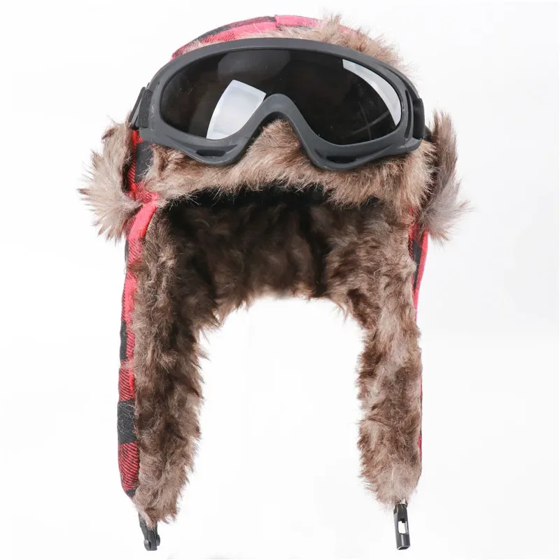 Plaid Design Winter Bomber Hats Women Men Thermal Faux Berber Fleece Earflap Cap Russian Ushanka Hat With Goggles