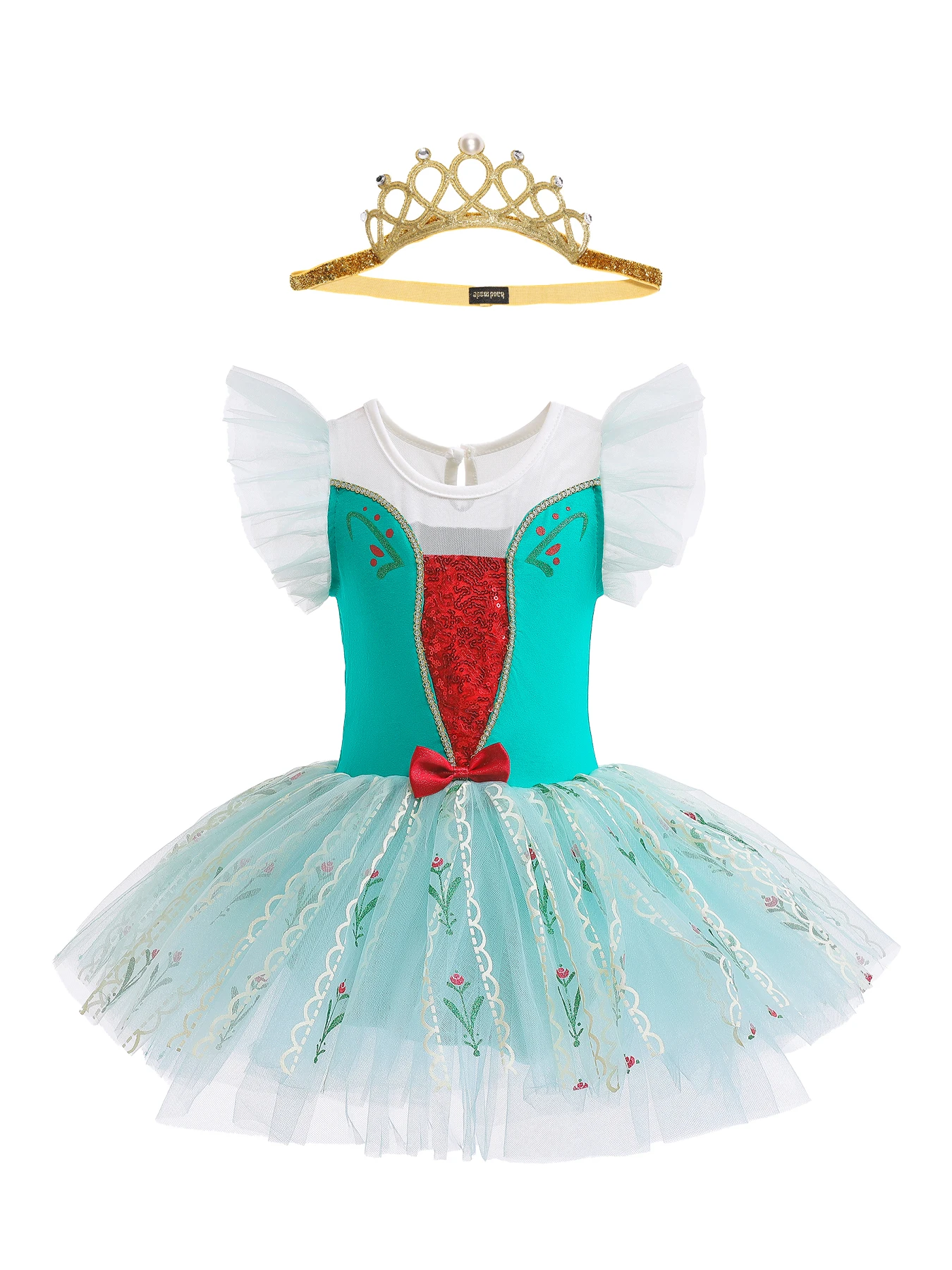 女の子用バレエチュチュドレス花柄-刺繍フリルスリーブリボン-アクセントティアラ付きダンスセッション送料無料