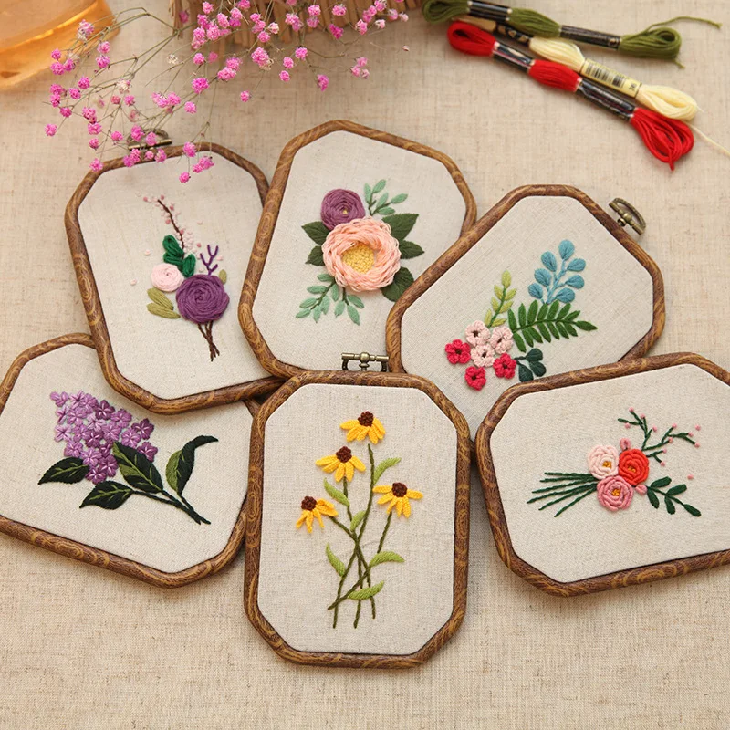 Octagonal Embroidery Hoop Kit-DIY Lu & Su Style Floral Patterns with European Designs Complete Needlework Set for Beginners