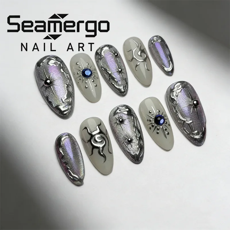 

24 шт. высококачественных накладных ногтей в форме миндаля с металлическим серебряным узором в виде звезд, эффектом темного кошачьего глаза, съемные