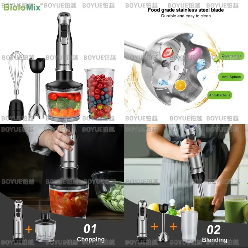 1200W Immersion Hand Blender 4 in 1 Stick Mixer with Chopper Smoothie Cup Stainless Steel Ice Crushing Blades for Kitchen