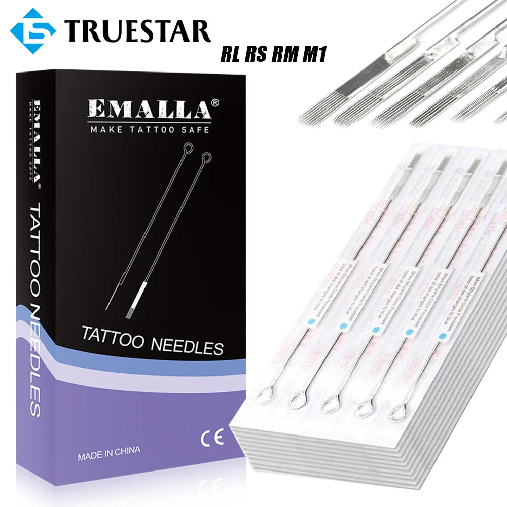 

EMALLA Tattoo Needles RL RS M1 RM 0.35MM 100/50PCS Disposable Sterilized Tattoo Needles Round Liner Needle for Tattoo Grip Tips