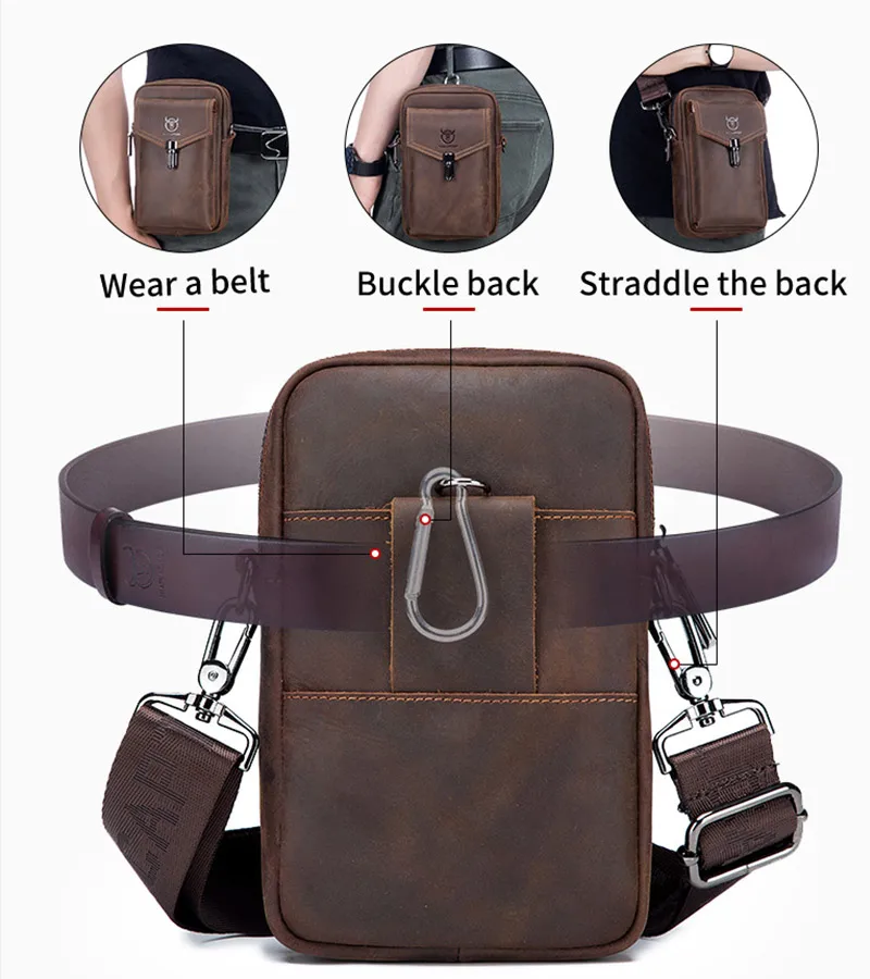 BULLCAPTAIN Crazy Horse Leather Men\'s Waist Bags Multifunctional 7-inch Mobile Phone Bag Bag Male Shoulder Messenger Bages Brown