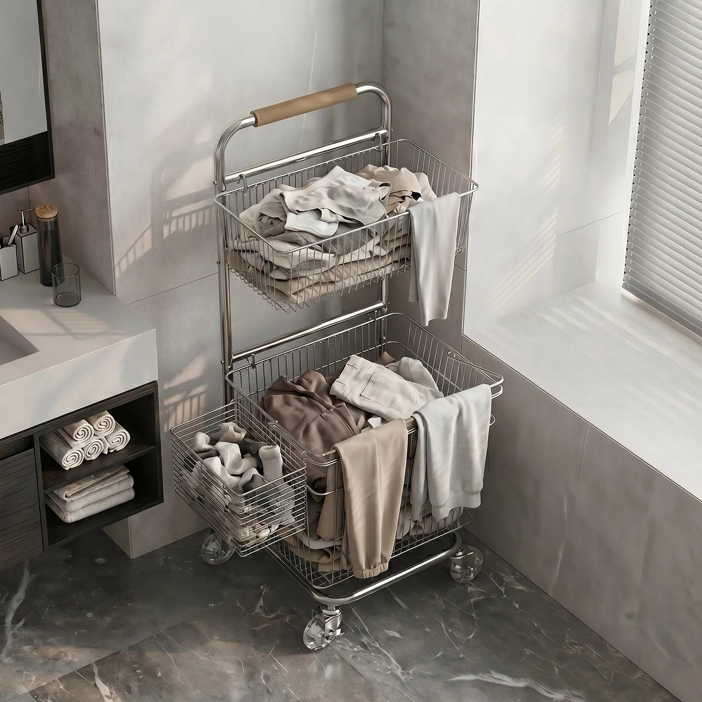 Stainless steel bathroom rack removable universal wheel laundry basket storage