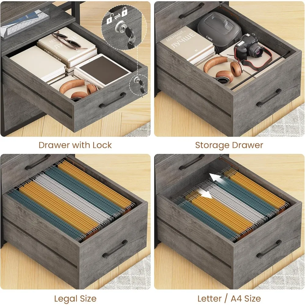 63" Computer Desk, Office Desk with Lockable Drawers for Legal/Letter File, Gaming Desk with LED Lights & Power Outlet