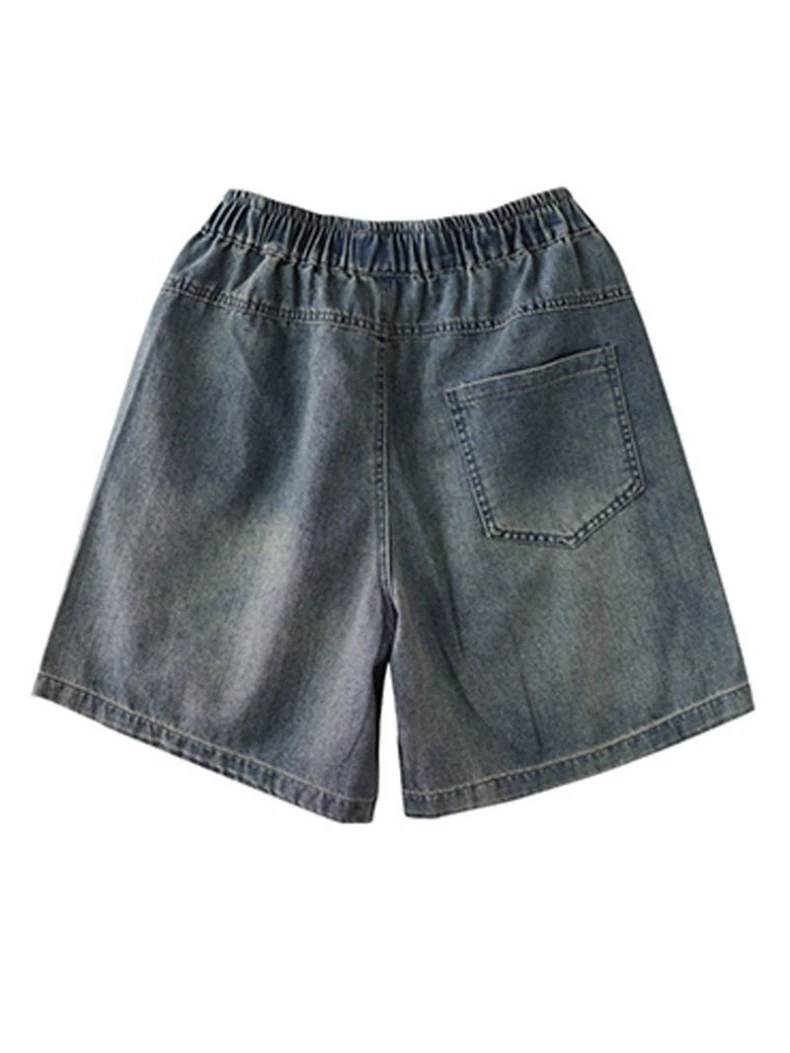 Women Elastic Waist Denim Shorts Ripped Loose Wide Leg Floral Embroidered Pocket Boyfriend Jean Shorts Summer Casual view 5