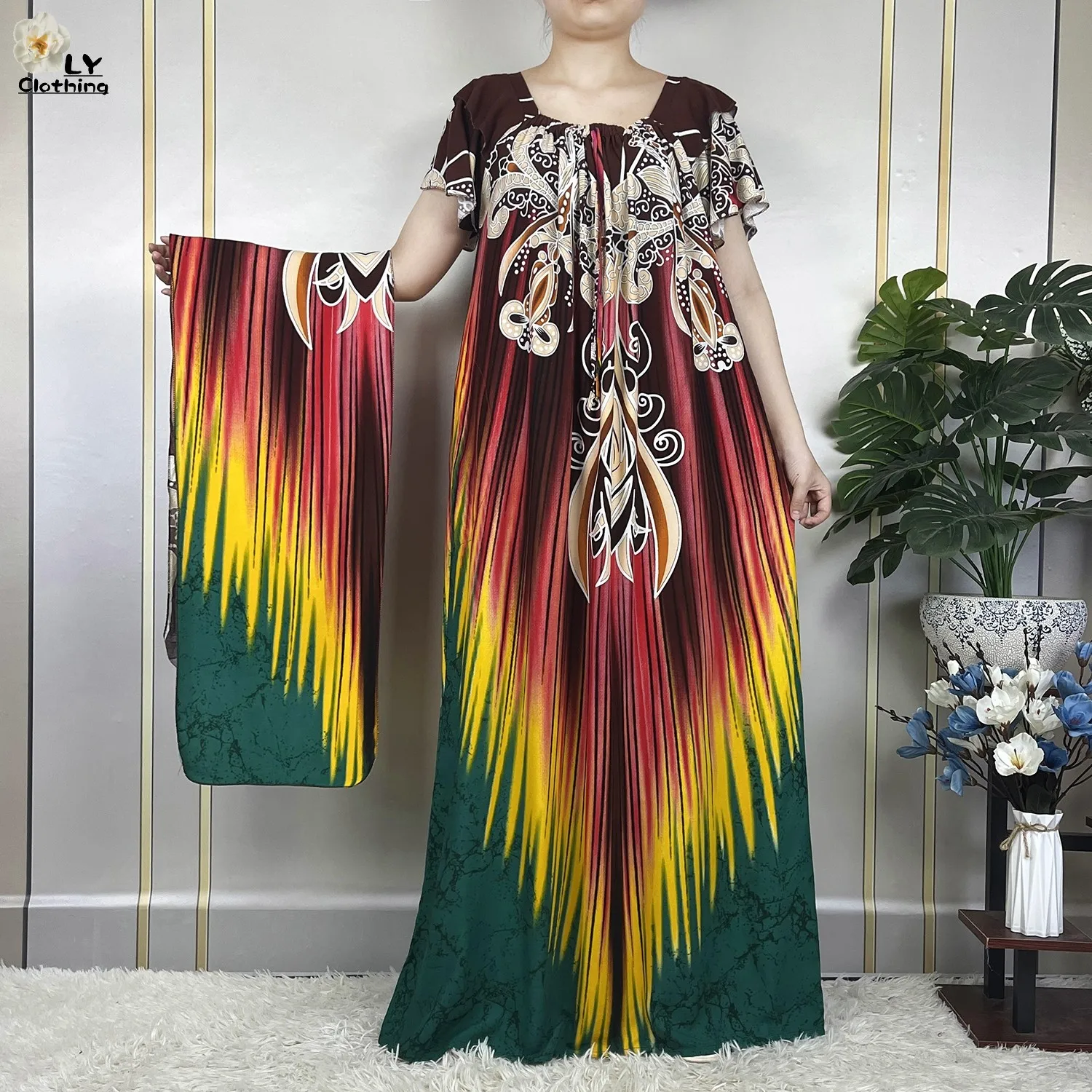 2023New African Abayas For Women Short Sleeve Printed Cotton Dubai Fashion Summer Soft Loose Robe Muslim Femme Dress With Turban