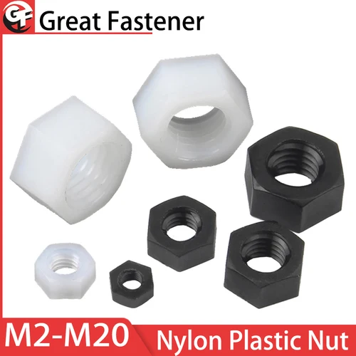 Imagen 1 del producto Tuercas hexagonales de nailon blanco y negro M2 M2.5 M3 M4 M5 M6 M8 M10 M12 tuerca hexagonal de plástico sujetador aislante para impresora 3D electrónica DIY