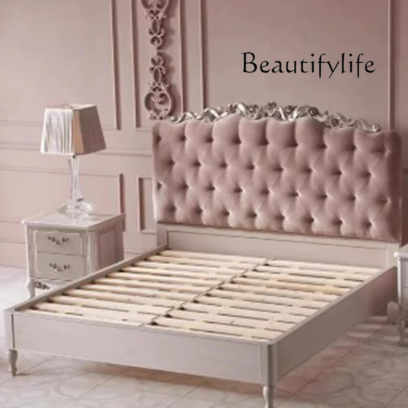 Cama Alta J de 180x200 cm, Cama Matrimonial Italiana Tipo Villa, Cama Doble de Lujo para Niñas, Madera, Tela de Terciopelo Rosa, Moderna