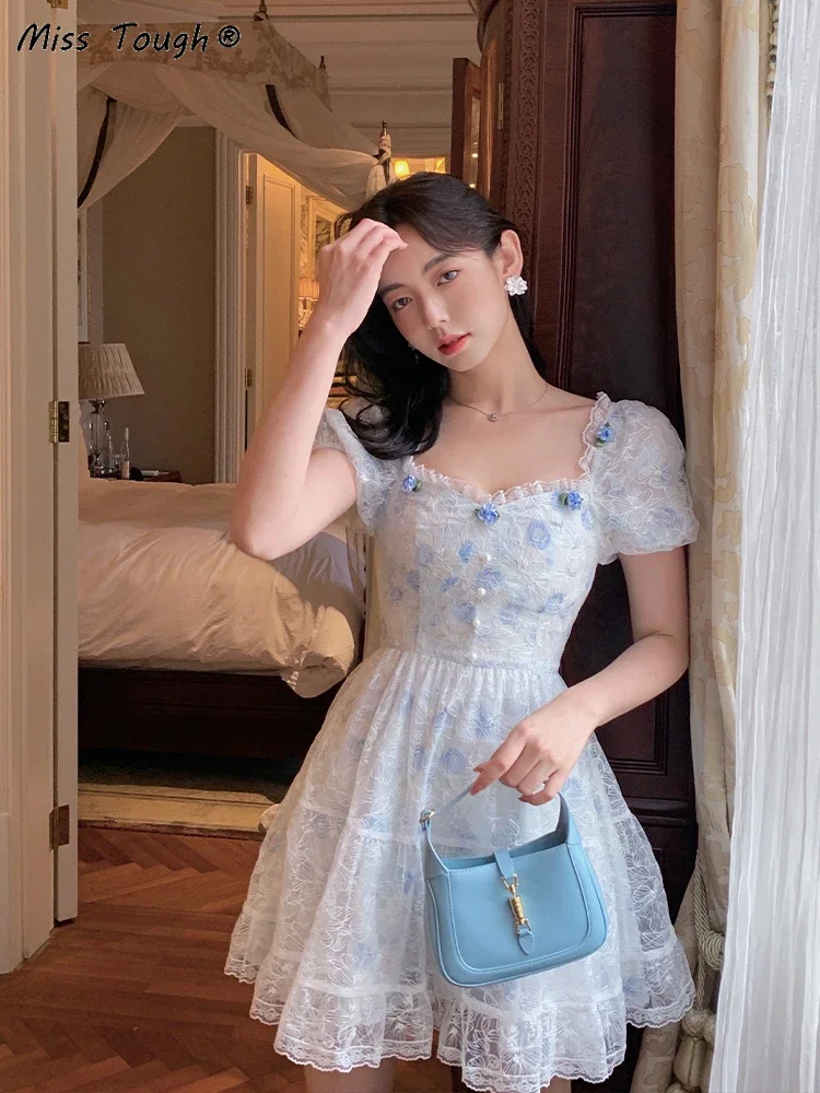 Floral Lace Korean Sweet Dress Women France Vintage Elegant Party Mini Dresses Female Print Casual Beach Boho Fairy Dress Summer