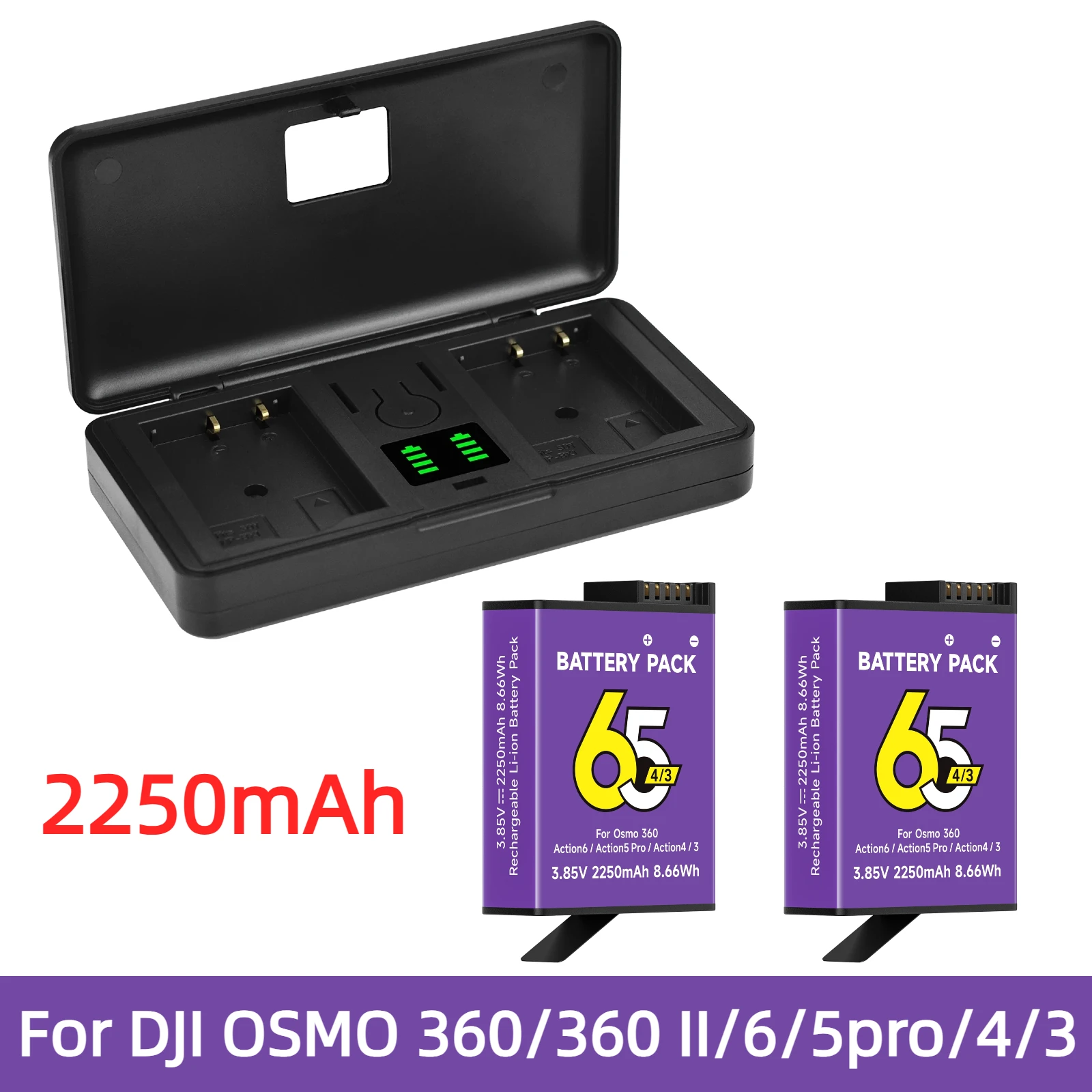 Batteria per fotocamera DJI OSMO 360 / 360 II / 6 / 5 Pro / 4 / 3, 2250mAh, Action 360, Action 6, Action 5 Pro, Action 4, Action 3, set caricabatterie LCD a 2 slot