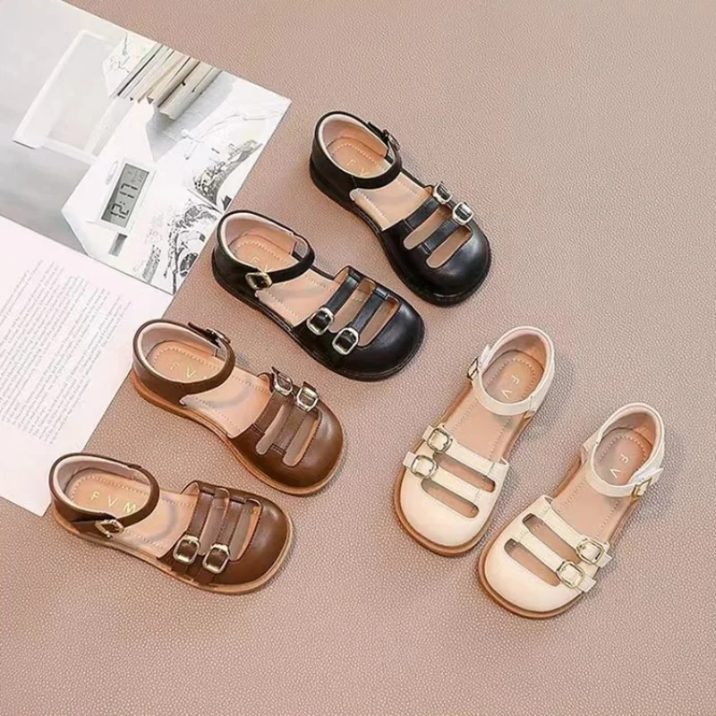 New 2024 Summer Sandals Girls Soft Non-slip Princess Shoes Kids Leather Cuts-out Children Closed Toe Soft Fashion Toddler Shoes