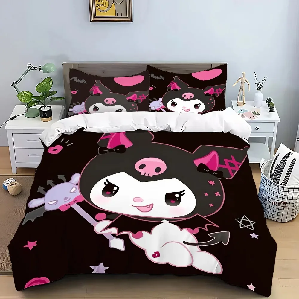 Cute Kuromi Bedding Sets Melody Comforter Bed Cover Duvet Cover Pillow Case 2-3 Pieces Sets Kids Adult Bedroom Decoration