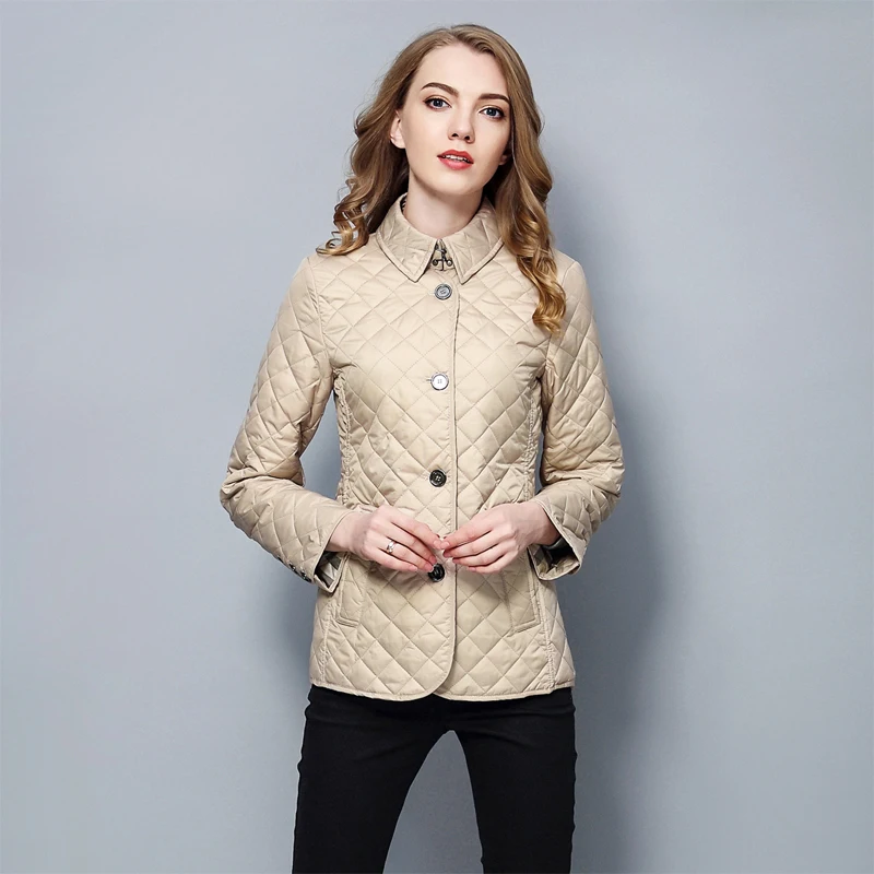 Winter Padded Jacket Plaid Women Cotton Coat Elegant Lapel Single Breasted Jacket Slim Warm Cotton Blend Jacket Female Autumn