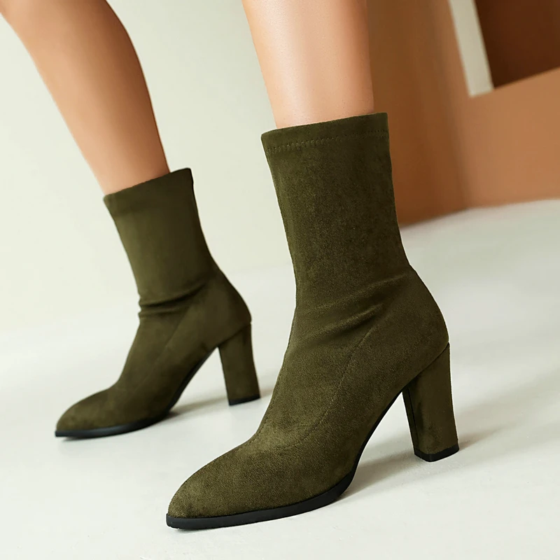 Suede Olive Nude Shiny Golden Silver Pointed Toe Sexy Mature Ladies Botas Winter Fall New Ankle Stretch Boots Thick High Heels