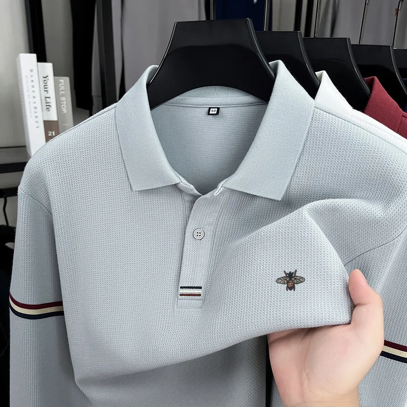 

Luxury Quality Men's Polo Shirt Striped Placket Embroidery Bee Print Long Sleeve Autumn Lapel T-Shirt Business Casual Menswear