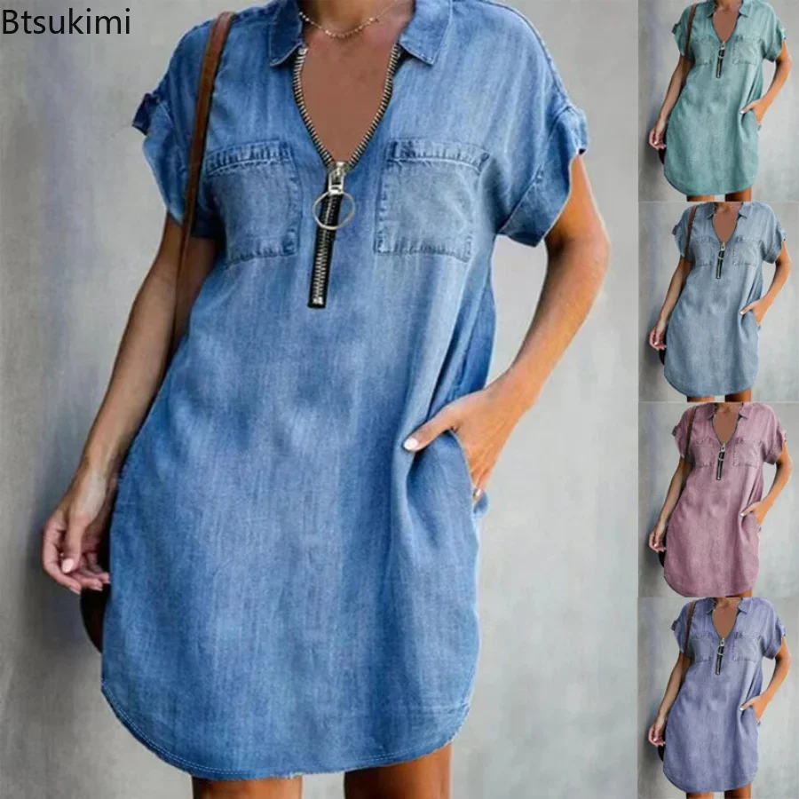 

2024 Women's Summer Casual Denim Dress Short Sleeve Pockets Cardigan Single Jeans Dress Female Knee Length Vestidos De Fiesta