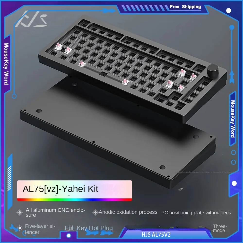 HJS AL75V2 Wireless RGB Gaming Mechanical Keyboard Gaming 75% CNC Aluminum Lump Gasket  Tri-mode Lower Light Position FR  P4late