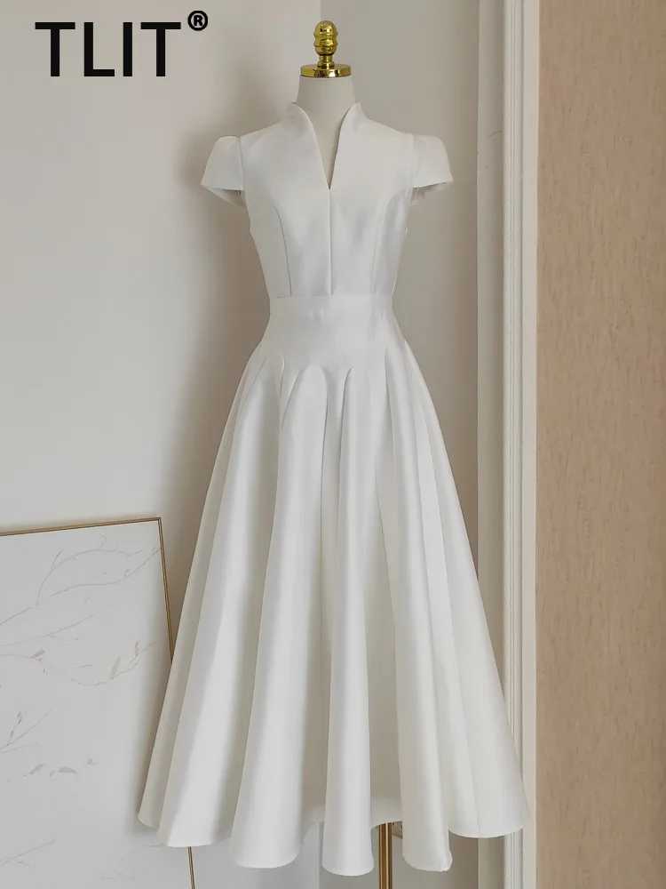 TLIT Элегантные женские модные платья с v-образным вырезом и короткими рукавами, обтягивающее талию, утягивающее платье трапециевидной формы с большим подолом, женское зимнее платье 2023 г.