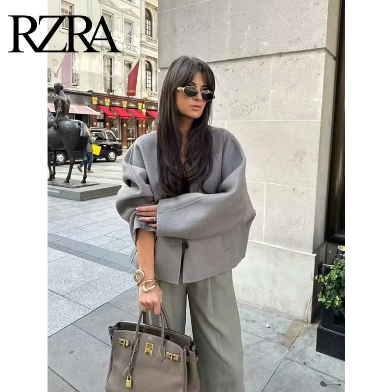 RZRA woolen jacket 2024 autumn new bat-shaped fashionable and versatile loose double pockets decorated with two-color jacket