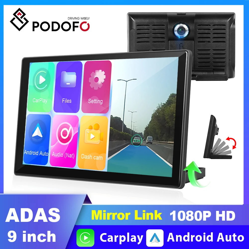 

Podofo 9" Car Monitor CarPlay Android Auto 4K Front Camera DVR ADAS Night Vision Airplay Android Cast WiFi Recorder