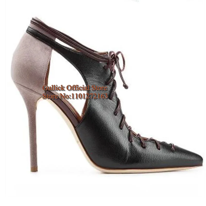 

Mixed Colors Patchwork Lace up High Heel Pumps Cutouts Stiletto Heel Women Party Dress Shoes Green Black Pink