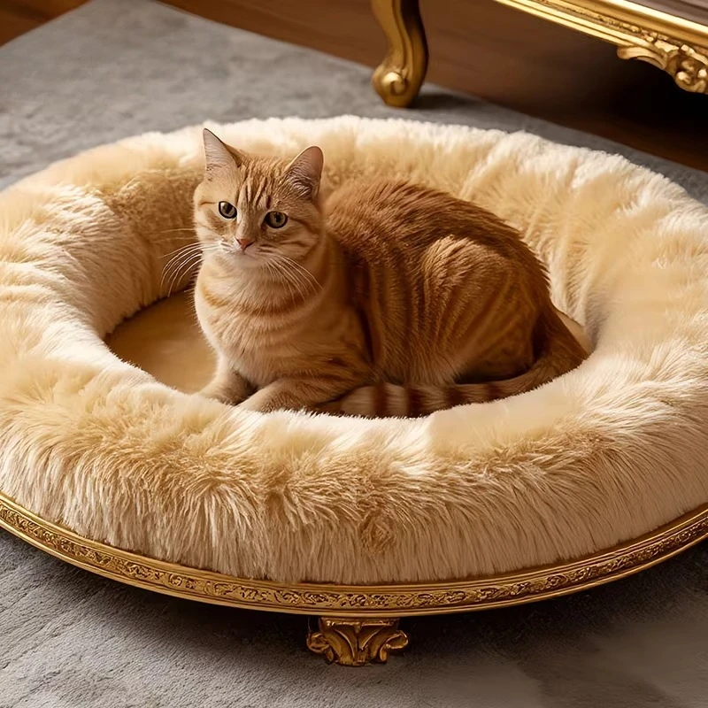 French Circular cat and Dog Bed, Solid Wood Carving, Flower cat and Dog Bed, Plush Luxury Pet, Indoor Small Dog and cat Mat