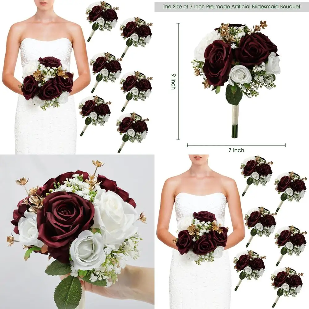 

Набор из 6 искусственных шелковых букетов для подружек невесты для свадьбы, церемонии или вечеринки в цветах бордовый, золотой и белый.