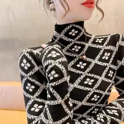 Simplicity Fashion Autumn Winter Sweaters Women Turtleneck Jacquard Weave Contrast Color Long Sleeve Slim Pullovers Knitted Tops