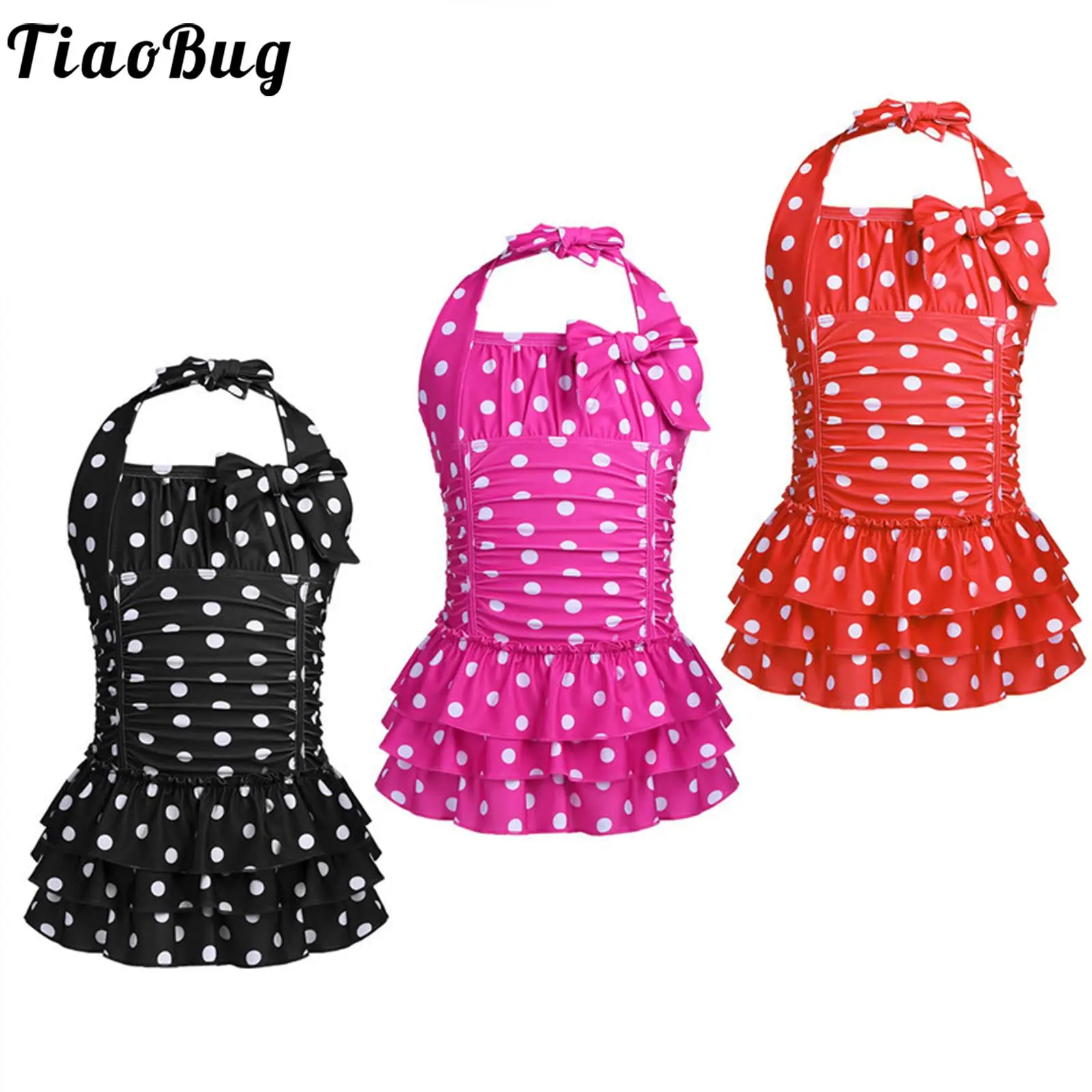 TiaoBug Bambini Adolescenti di Un pezzo Capestro Costume Da Bagno Polka Dots Increspato A File di Costumi Da Bagno Delle Ragazze di Nuoto del