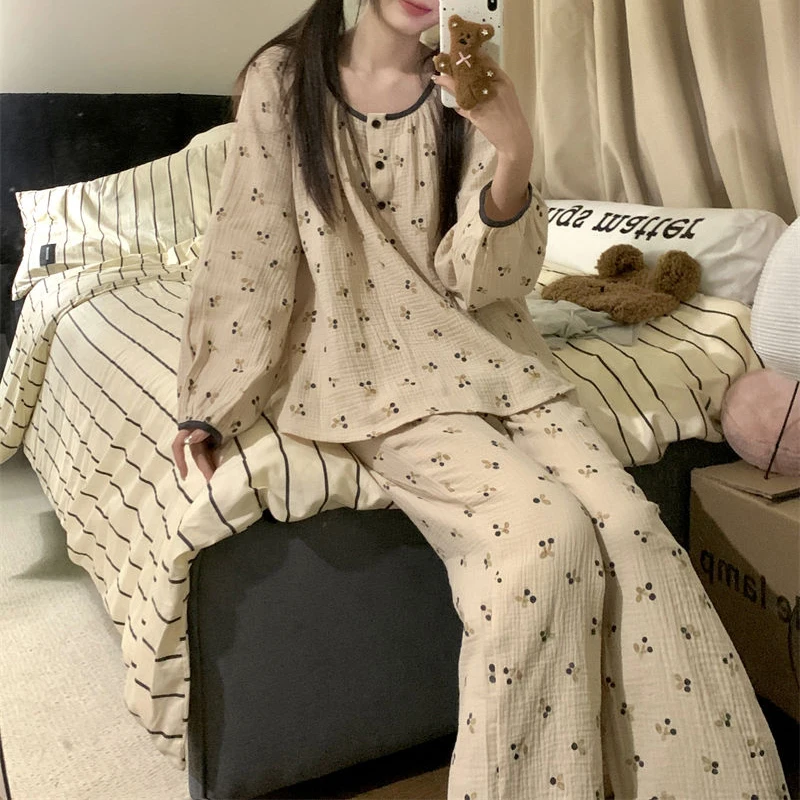 Cherry Sleepwear Button Women Pajamas Set Autumn Piiama Korean Fashion Long Sleeve Sets 2 Pieces Night Wears Casual Home Wear