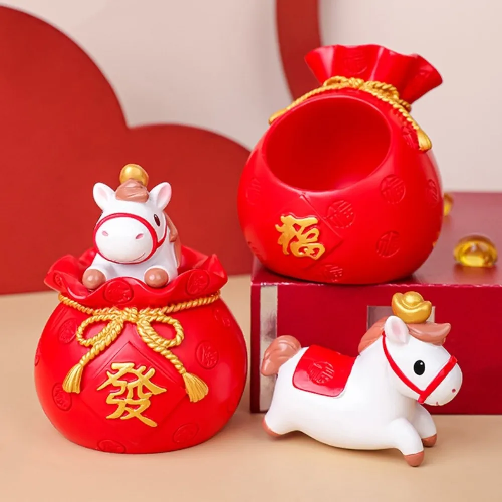 Fortuna 2026 Anno del cavallo Ornamenti della mascotte Borsa fortunata Simpatiche figurine di cavalli dello zodiaco Figure di cavalli in resina realistiche Ornamento