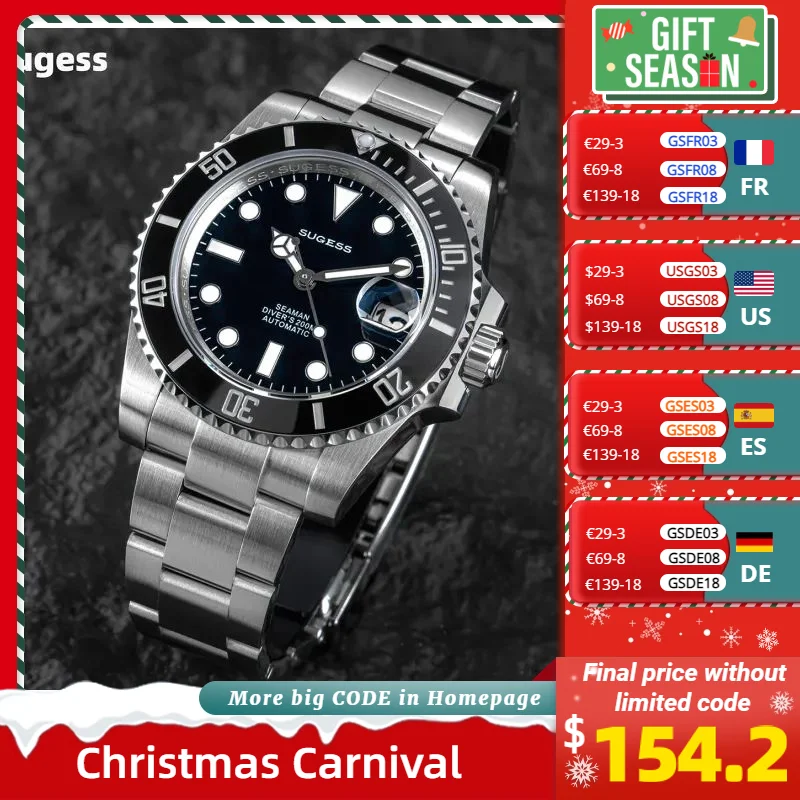 Sugess-Reloj de pulsera mecánico automático para hombre, accesorio masculino de pulsera con esfera de cerámica luminosa y cristal de zafiro,