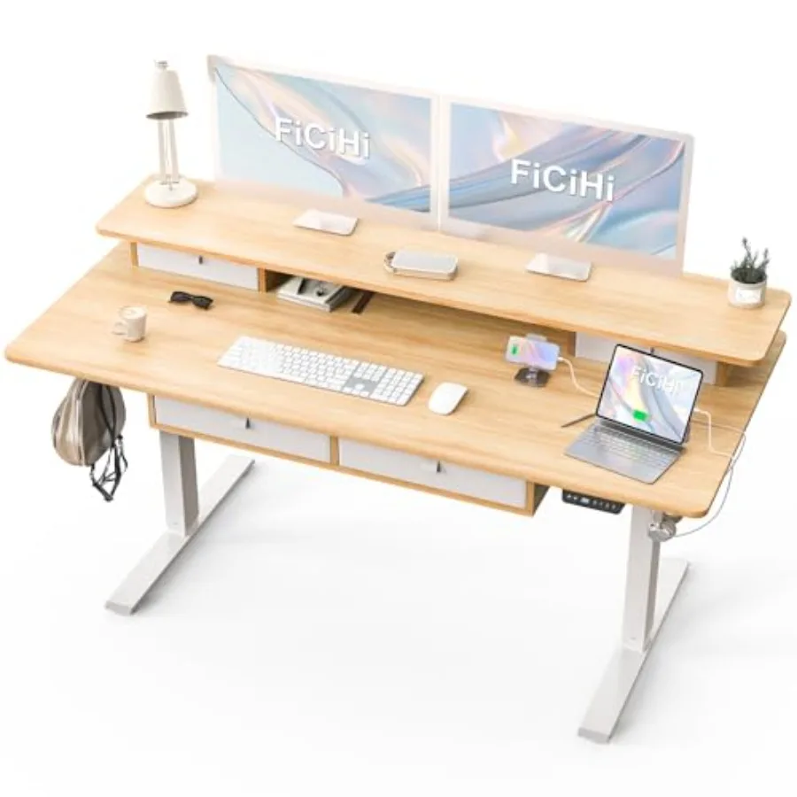 Standing Desk with Drawers for Home Office, Steel Frame, Matte Black, Electric Height Adjustment 55x30 Inch