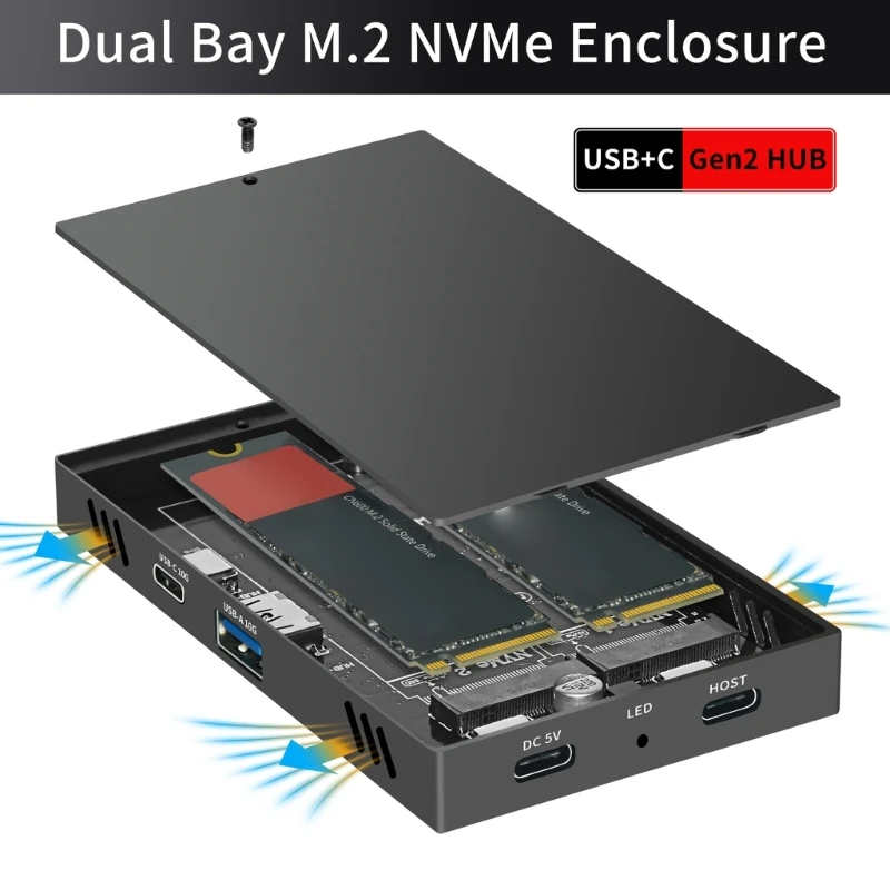 Корпус M.2 NVMe с двойным отсеком, 10 Гбит/с, тип C, SSD-корпус M.2 NVMe, алюминиевый корпус SSD для 2230, 2242, 2260, 2280