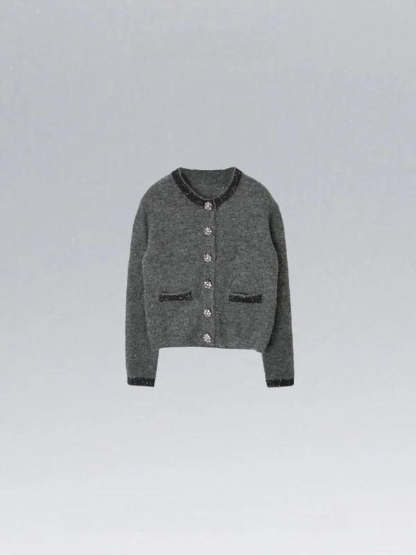 

Loose Knitted round Ne Open Cardigan Diamond Embellied Lazy Sle Anti-Aging Design Polyester Fiber Women's Spring Faion