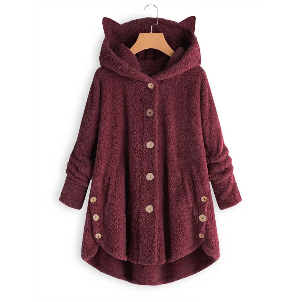 Women'S Coat Winter Plus Velvet Sports Winter Cute Cats Ears Hooded Irregular Hem Buttons Fleece Coat Christmas Outwear Coats