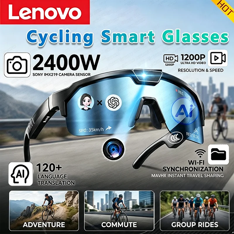 Lenovo 2400W AI Smart Cycling Sunglasses 1080P Anti‑Shake Video Recording ChatGPT Photo 32GB Windproof Sport VlogBicycle Goggles