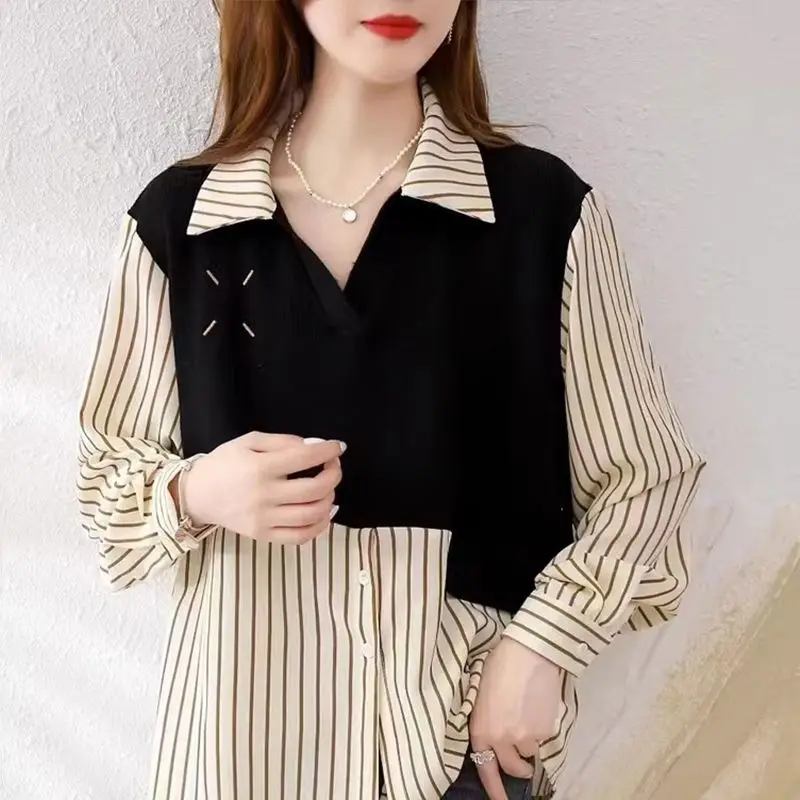 Kobiety Jesień Prostota Luźne koszule biurowe Lady Patchwork Polo-Neck Koszulki z długim rękawem Odzież damska Moda Wszystkie dopasowane topy w paski