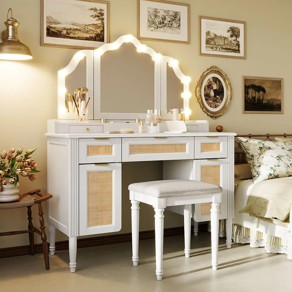 For dresser stool set LED light mirror 3 lighting modes Tri-fold mirror buffer seat charging
