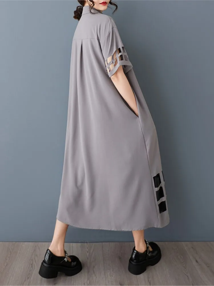 Oversized zomer lange shirtjurk dames mesh uitgehold modis damesjurken met korte mouwen losse damesjurk