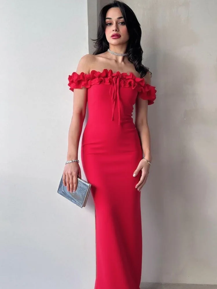 Elegancka sukienka maxi z falbanami, odkrywająca ramiona, damska, sznurowana, seksowna, z odkrytymi plecami, idealna na studniówkę, letnie ubrania, wesele, imprezę, festiwal.