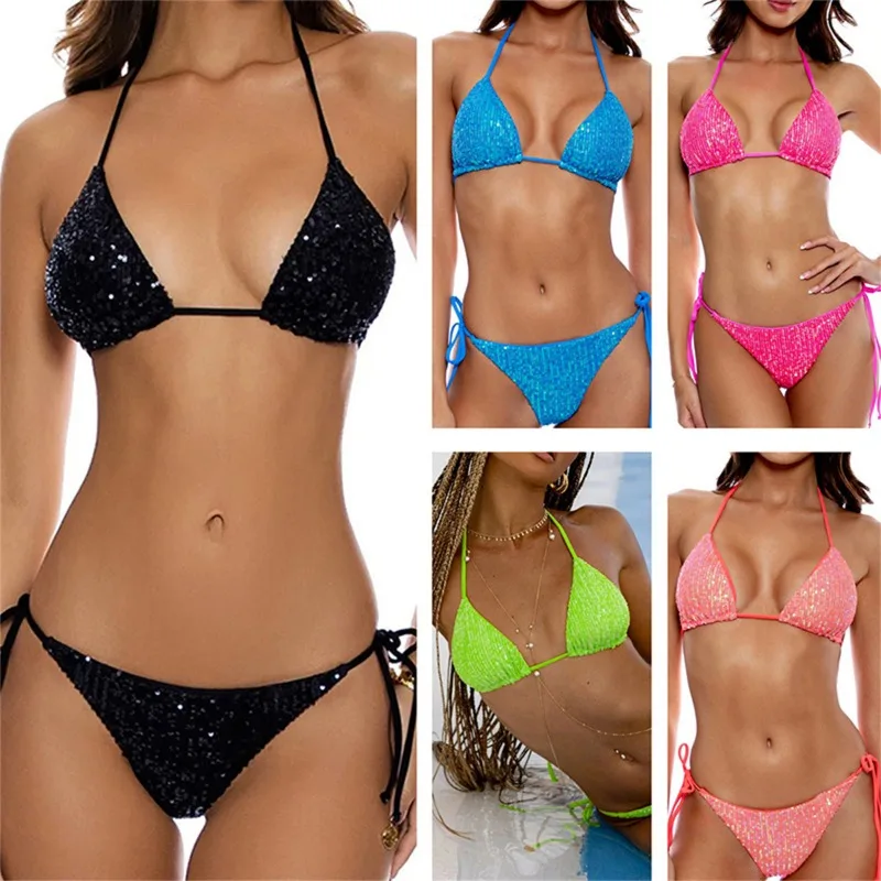 2024 Hot Sequin Two-piece Bikinis Women\'s Swimsuit Bikini Set Swimwear Female Strappy Bandage Swimming Suit Beachwear Multicolor