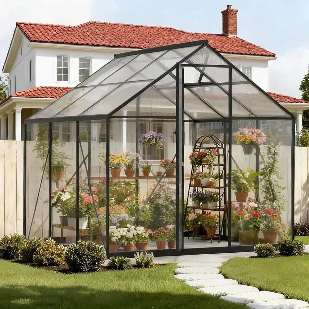 

Outdoor Walk-in Greenhouse, 6x6 FT, Aluminum Frame, Polycarbonate Panels, Lockable Sliding Door, Ventilation Window, Ground Nail