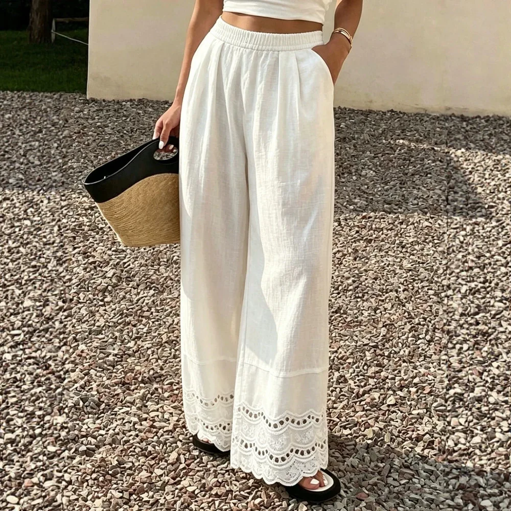 New Women's Pants: Solid-color, Fashionable, Loose-fitting 1240; Casual, §124; Everyday Wear, With Lace Trim, Made Of Cotton