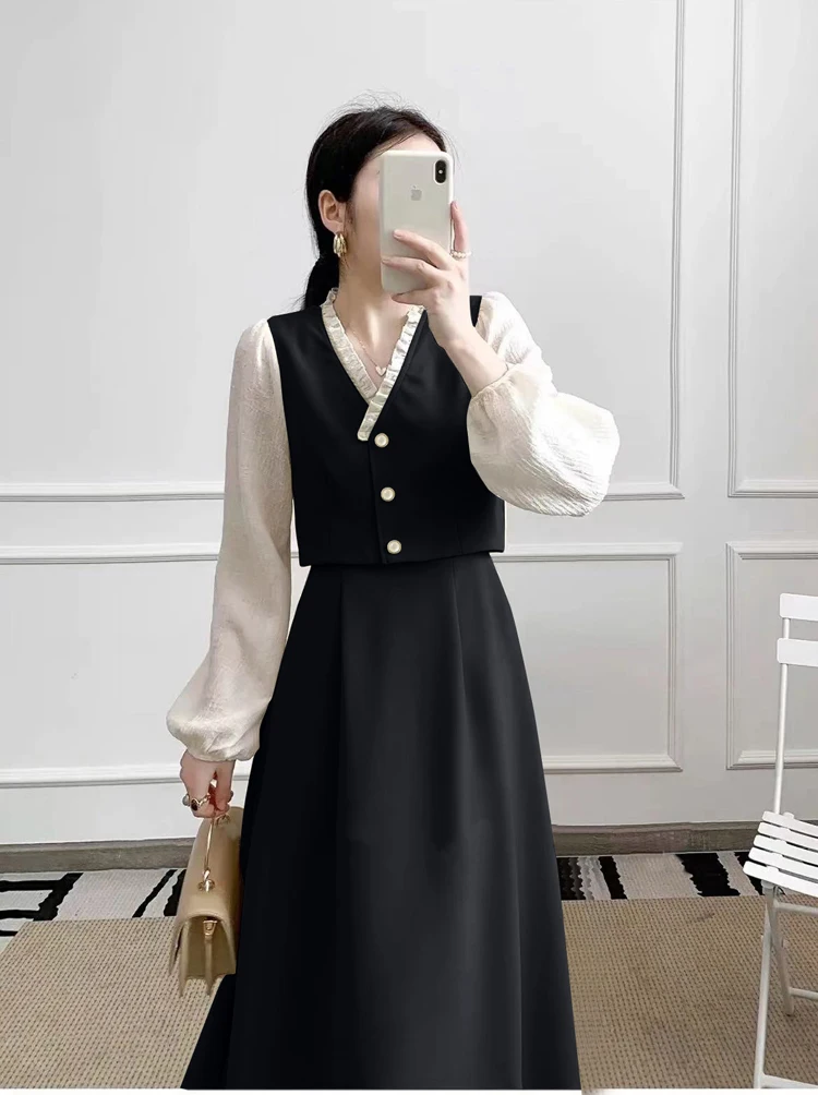 

2024 Autumn Winter Long Lantern Sleeve Ruffled V-neck Postpartum Woman Nursing Dress Fashion Maternity Breastfeeding Clothes