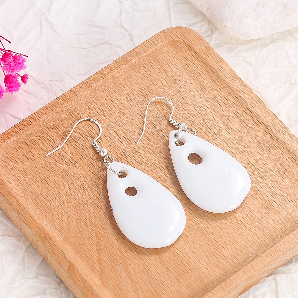 1pair Chinese Ceramics Water Droplets Phalaenopsis Flower Chinaware Dangle Earring Charm Elegant Woman Ear Pendant Jewelry Gifts